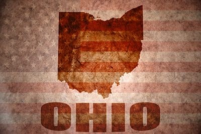 Ohio Map On A Vintage American Flag